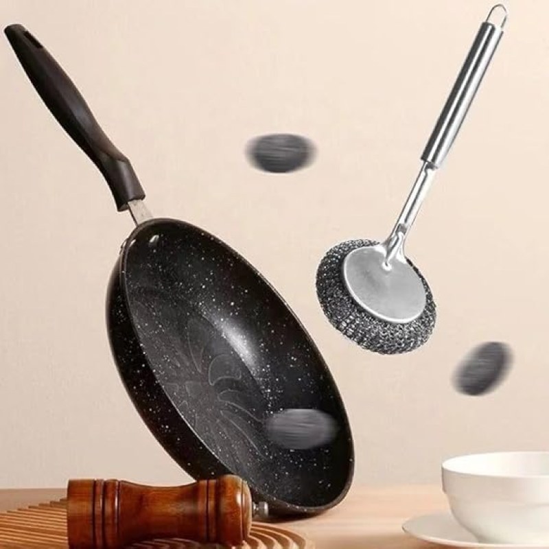 304 Stainless Steel Steel Wool Pot Scrubber with Long Handle & Free Wall Hooks_000983