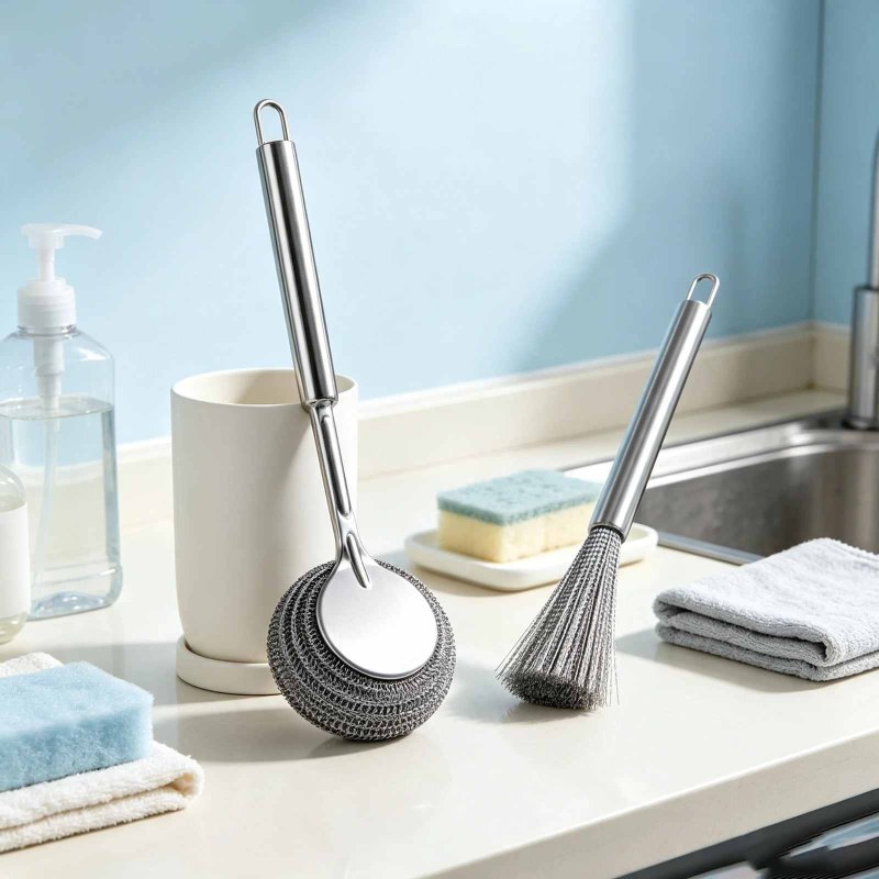 (2pcs set )Stainless Steel Long Handle Pot Brush Set Metal Wire Scrubber Brush-000987