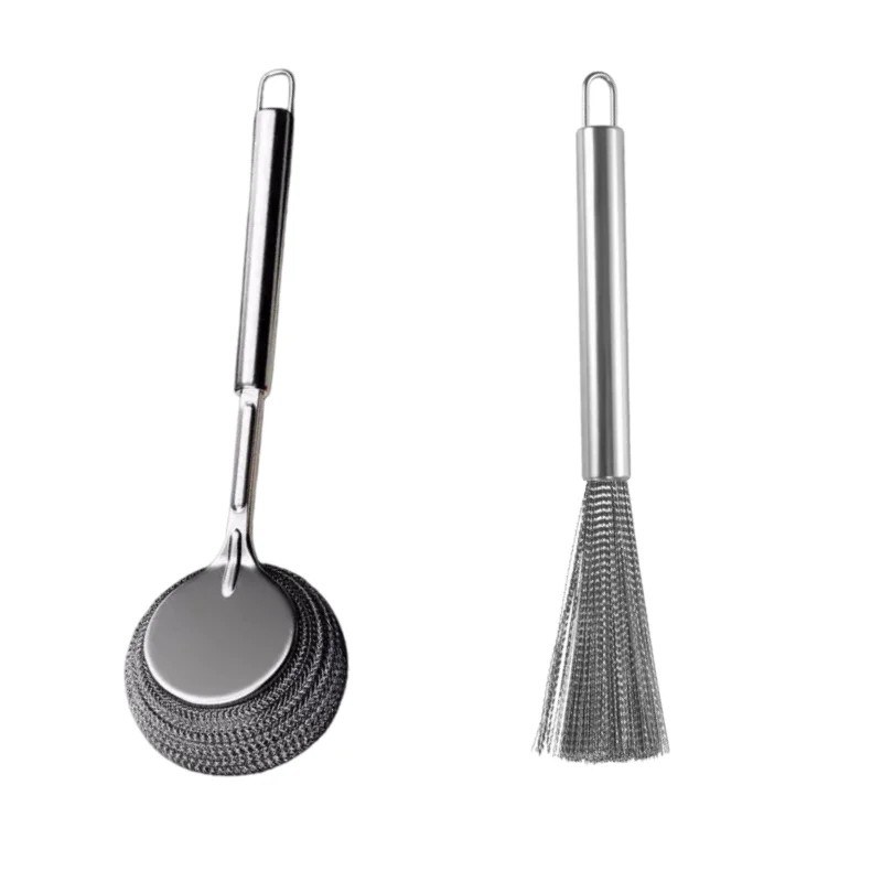  (2pcs set )Stainless Steel Long Handle Pot Brush Set Metal Wire Scrubber Brush-000987
