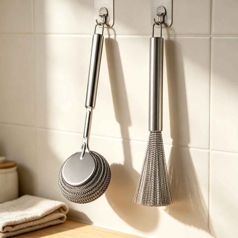  (2pcs set )Stainless Steel Long Handle Pot Brush Set Metal Wire Scrubber Brush-000987