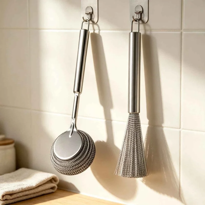  (2pcs set )Stainless Steel Long Handle Pot Brush Set Metal Wire Scrubber Brush-000987