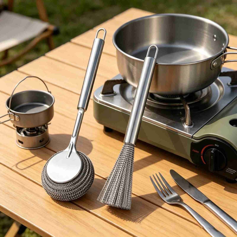  (2pcs set )Stainless Steel Long Handle Pot Brush Set Metal Wire Scrubber Brush-000987