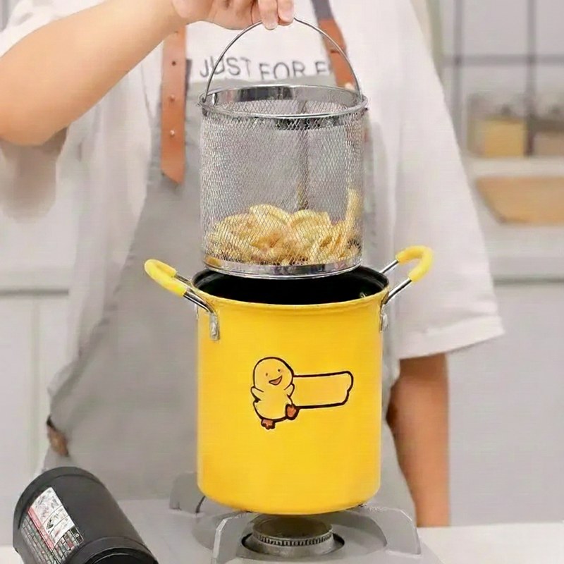 2L Multifunctional Deep Fryer Pot with Strainer Basket – Heat-Resistant Frying Pan with Anti-Scald Silicone Handle