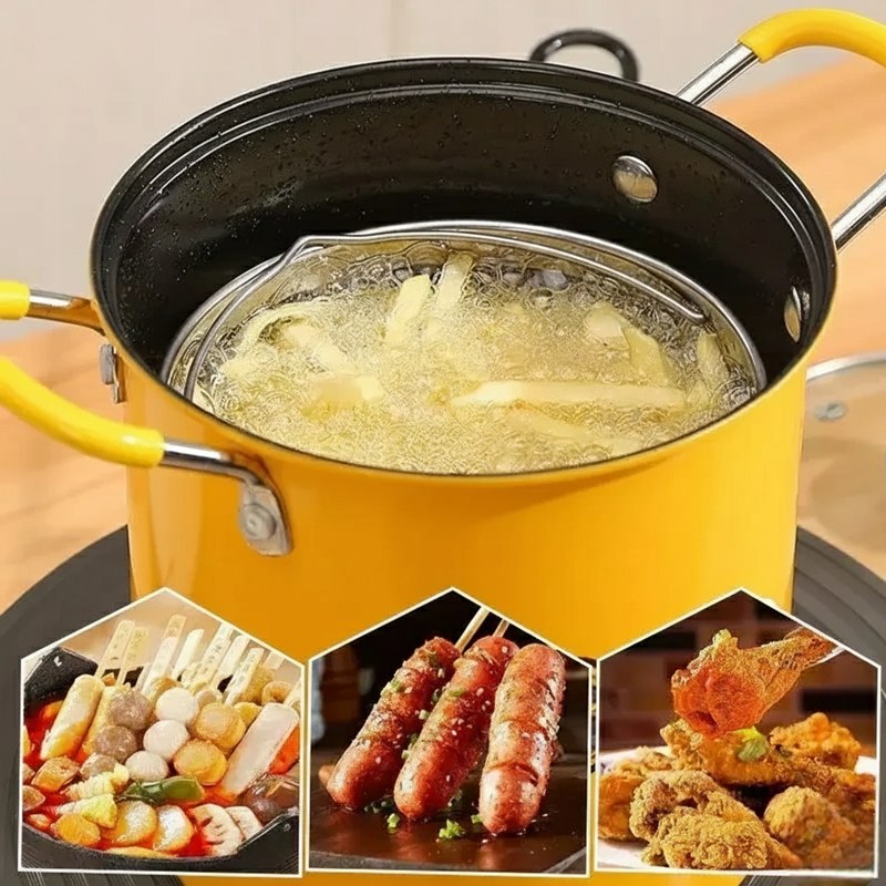 2L Multifunctional Deep Fryer Pot with Strainer Basket – Heat-Resistant Frying Pan with Anti-Scald Silicone Handle