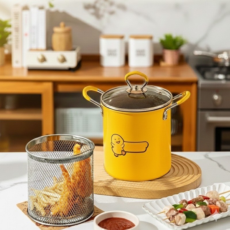 2L Multifunctional Deep Fryer Pot with Strainer Basket – Heat-Resistant Frying Pan with Anti-Scald Silicone Handle