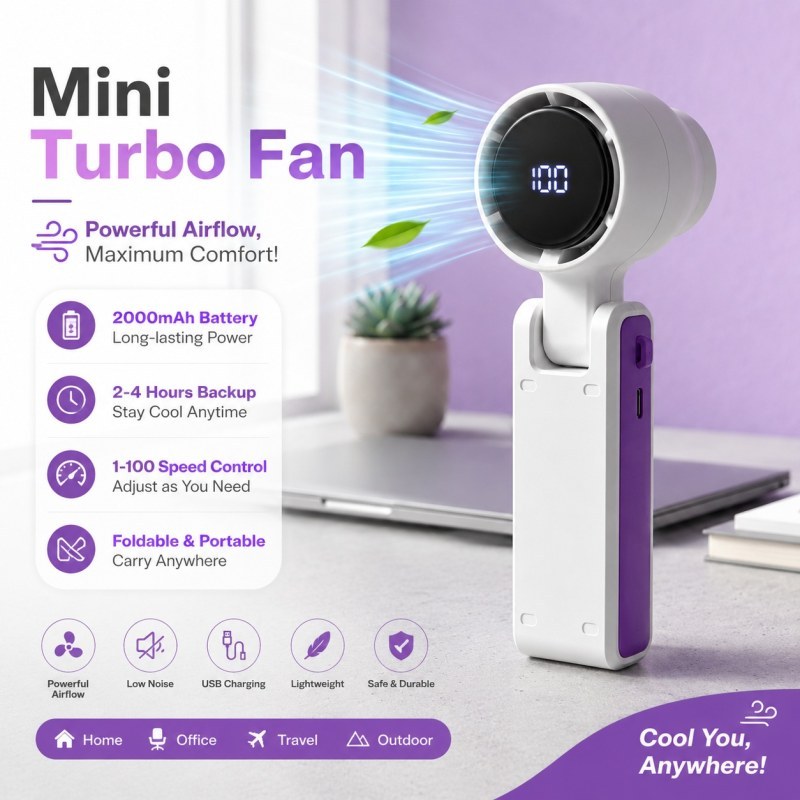 Portable Mini Turbo Fan Rechargeable USB Handheld Fan 2000mAh Battery 1-100 Speed Adjustable