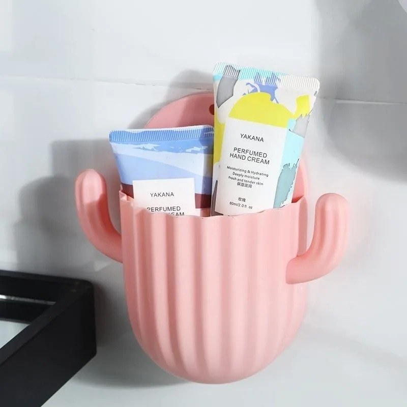 1Pc Self-Adhesive Cactus Toothbrush Holder with Drain Shelf