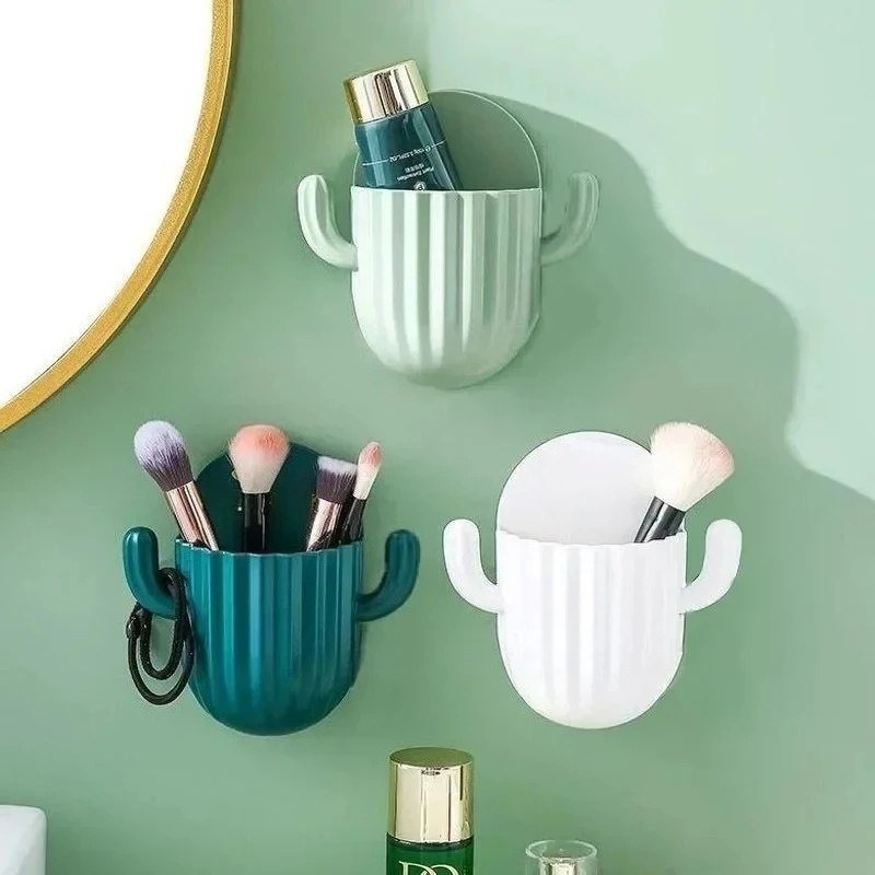 1Pc Self-Adhesive Cactus Toothbrush Holder with Drain Shelf