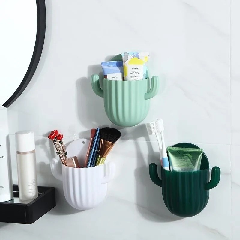 1Pc Self-Adhesive Cactus Toothbrush Holder with Drain Shelf