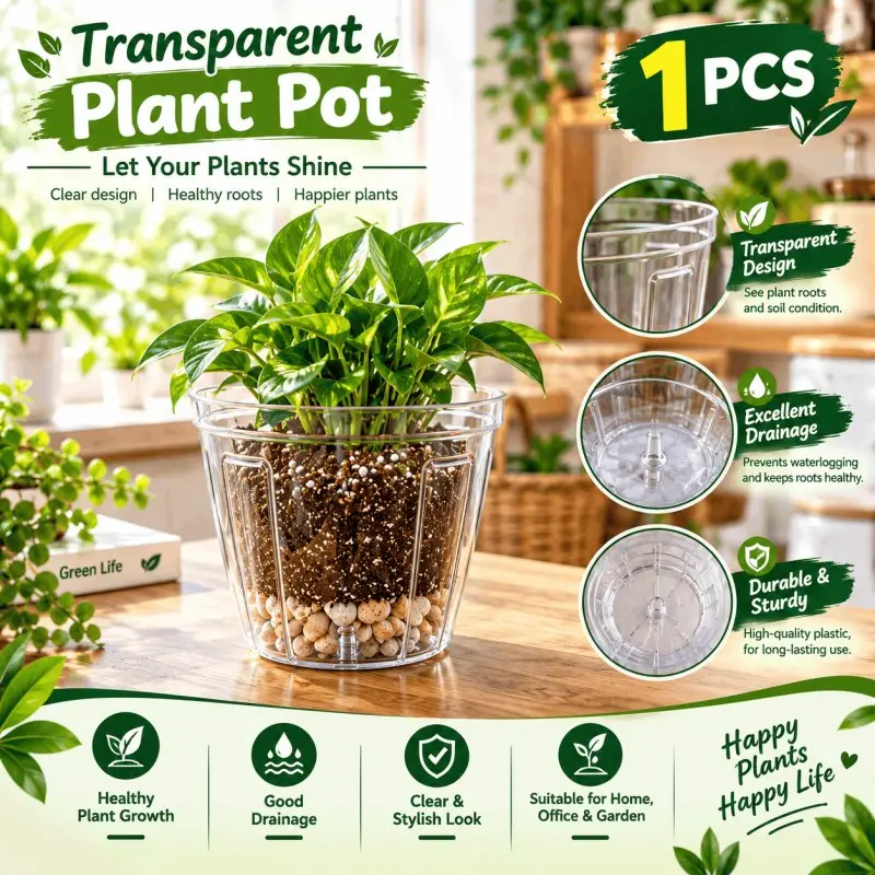Premium 5 Inch Transparent Plant Pot – Plant-Safe, Durable & Clear Plastic Pot (5 PCS Set