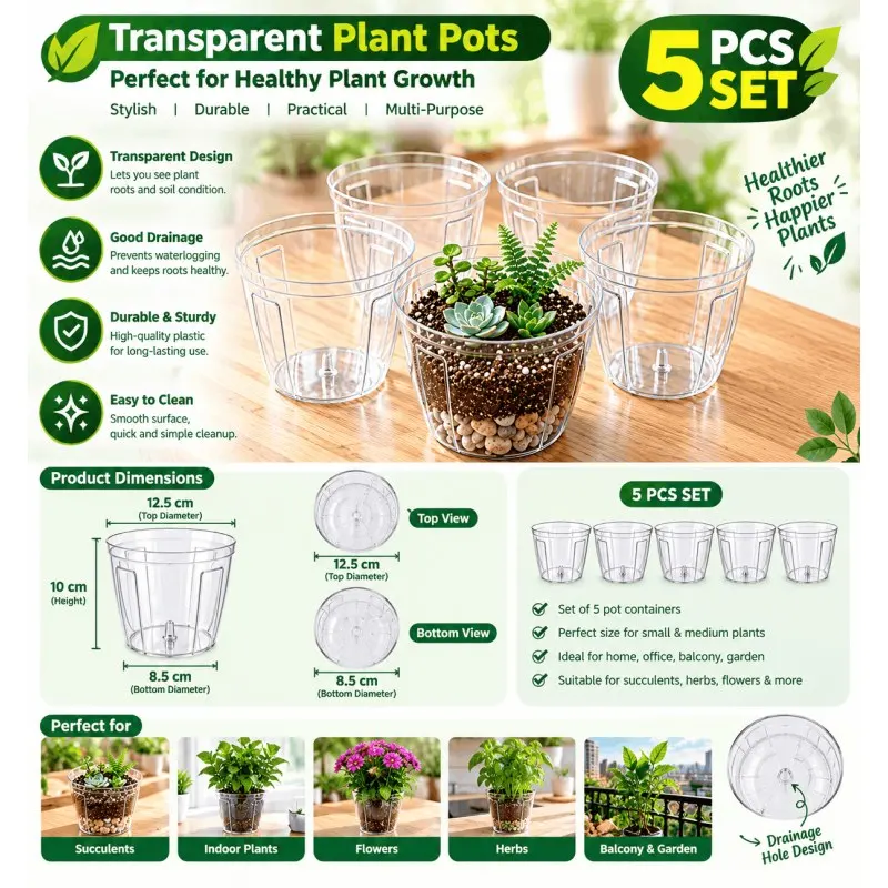 Premium 5 Inch Transparent Plant Pot – Plant-Safe, Durable & Clear Plastic Pot (5 PCS Set