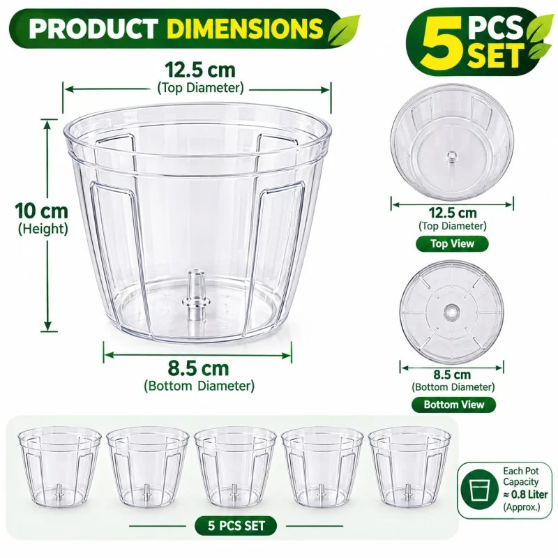 Premium 5 Inch Transparent Plant Pot – Plant-Safe, Durable & Clear Plastic Pot (5 PCS Set