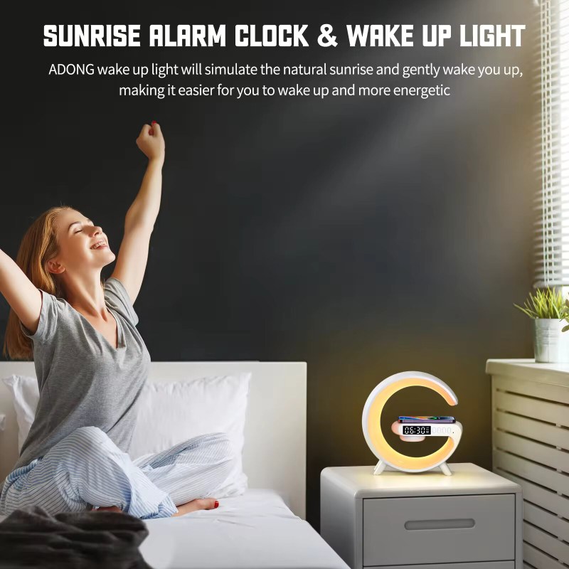 5-in-1 Smart Wireless Charger Table Lamp | Bluetooth Speaker, Alarm Clock & RGB Night Light