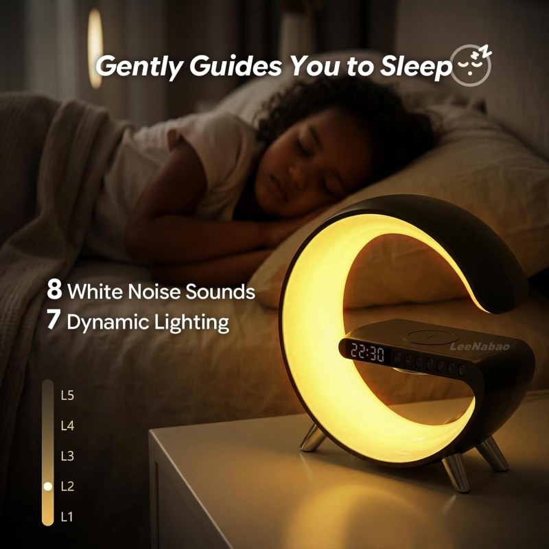 5-in-1 Smart Wireless Charger Table Lamp | Bluetooth Speaker, Alarm Clock & RGB Night Light