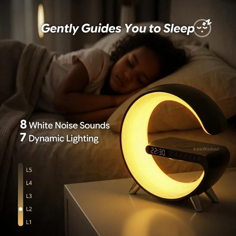 5-in-1 Smart Wireless Charger Table Lamp | Bluetooth Speaker, Alarm Clock & RGB Night Light