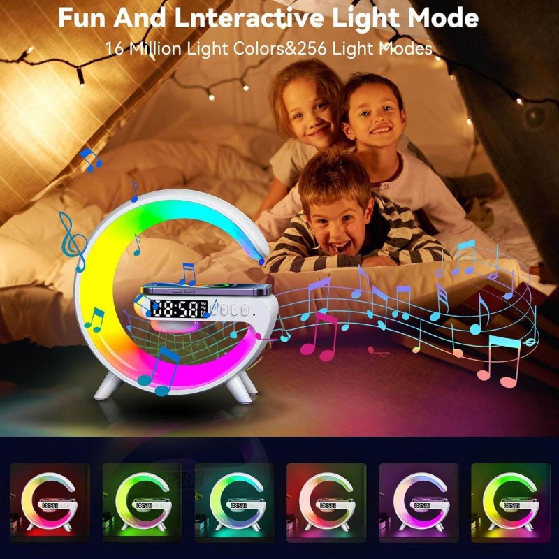 5-in-1 Smart Wireless Charger Table Lamp | Bluetooth Speaker, Alarm Clock & RGB Night Light