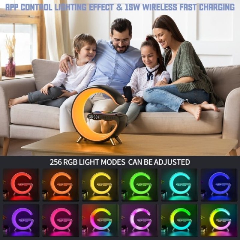 5-in-1 Smart Wireless Charger Table Lamp | Bluetooth Speaker, Alarm Clock & RGB Night Light