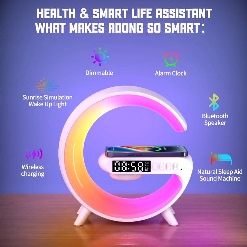 5-in-1 Smart Wireless Charger Table Lamp | Bluetooth Speaker, Alarm Clock & RGB Night Light