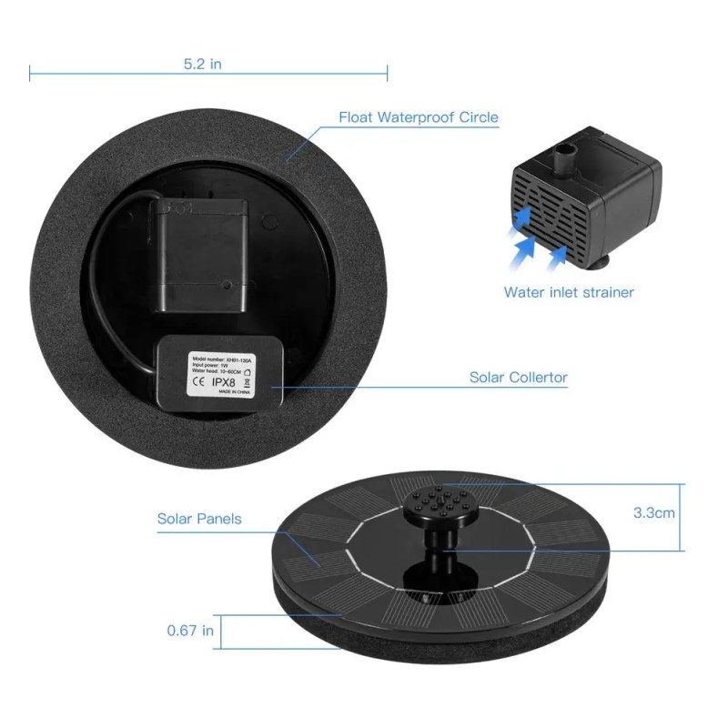 2.5W Solar Fountain Pump with 6 Nozzles – Floating Solar Water Pump