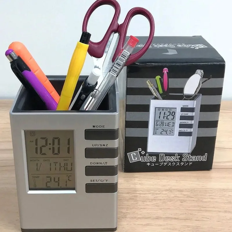 Digital Alarm Clock Pen Holder with LED Display | Multi-Function Desk Organizer Silver