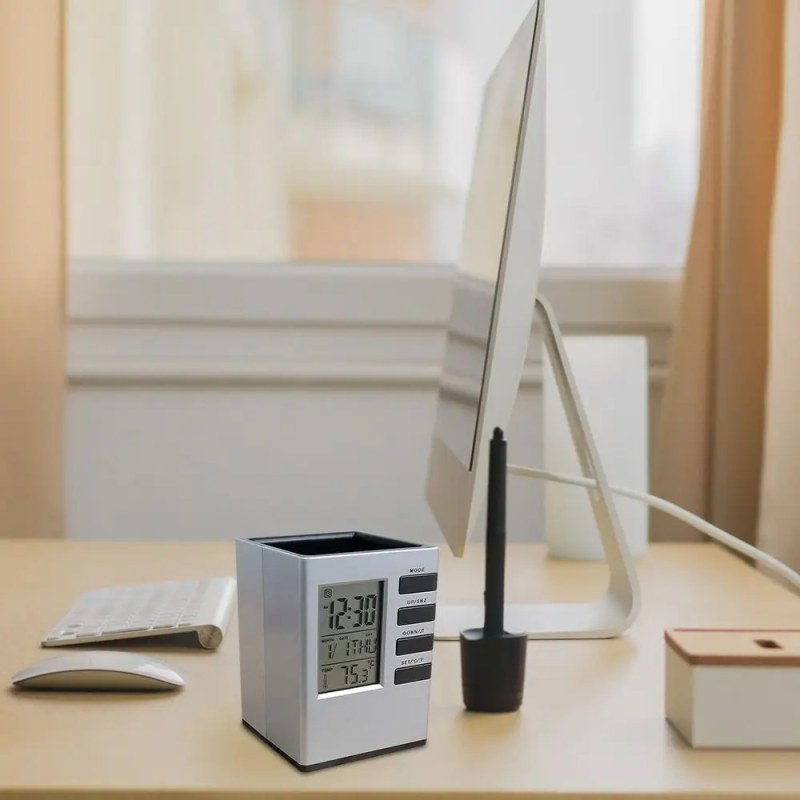 Digital Alarm Clock Pen Holder with LED Display | Multi-Function Desk Organizer Silver