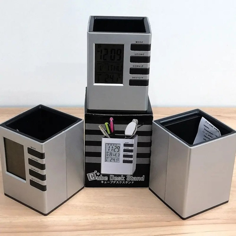 Digital Alarm Clock Pen Holder with LED Display | Multi-Function Desk Organizer Silver