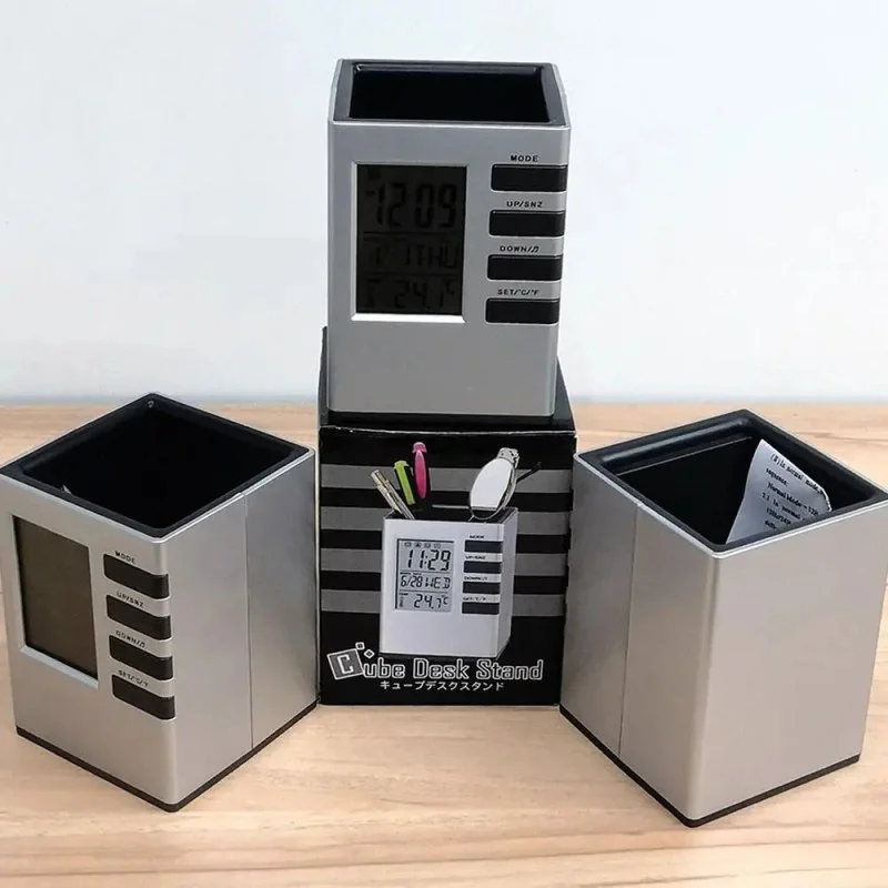 Digital Alarm Clock Pen Holder with LED Display | Multi-Function Desk Organizer Silver