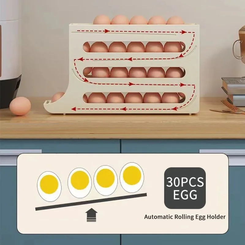 4-Tier Large Capacity Auto Rolling Egg Storage Rack | Gravity Feed Refrigerator Egg Organizer