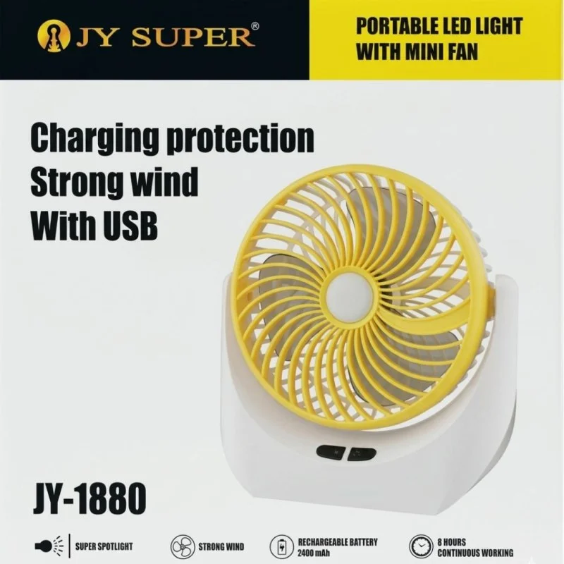 JY-SUPER JY-1880 Rechargeable USB Mini Desktop Fan With LED Light | 6 Inch Portable Table Fan