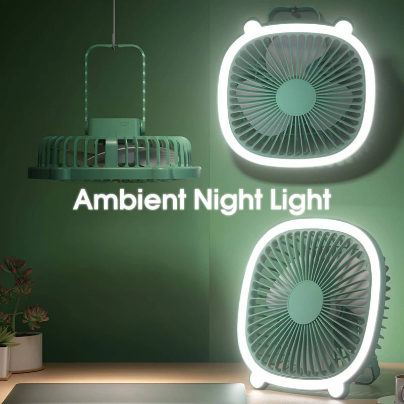 Portable USB Rechargeable Desktop Fan with LED Light | Hanging Camping Ceiling Fan (1200mAh)