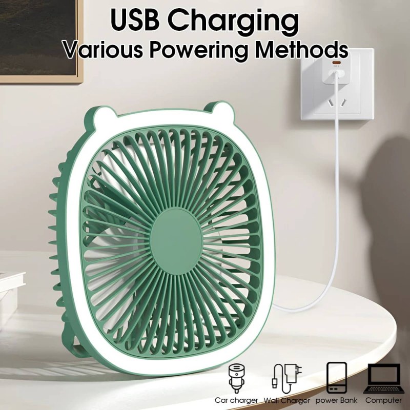 Portable USB Rechargeable Desktop Fan with LED Light | Hanging Camping Ceiling Fan (1200mAh)