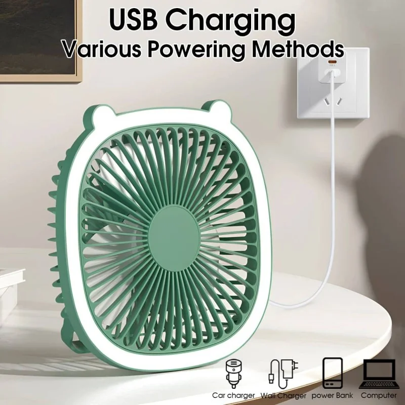 Portable USB Rechargeable Desktop Fan with LED Light | Hanging Camping Ceiling Fan (1200mAh)