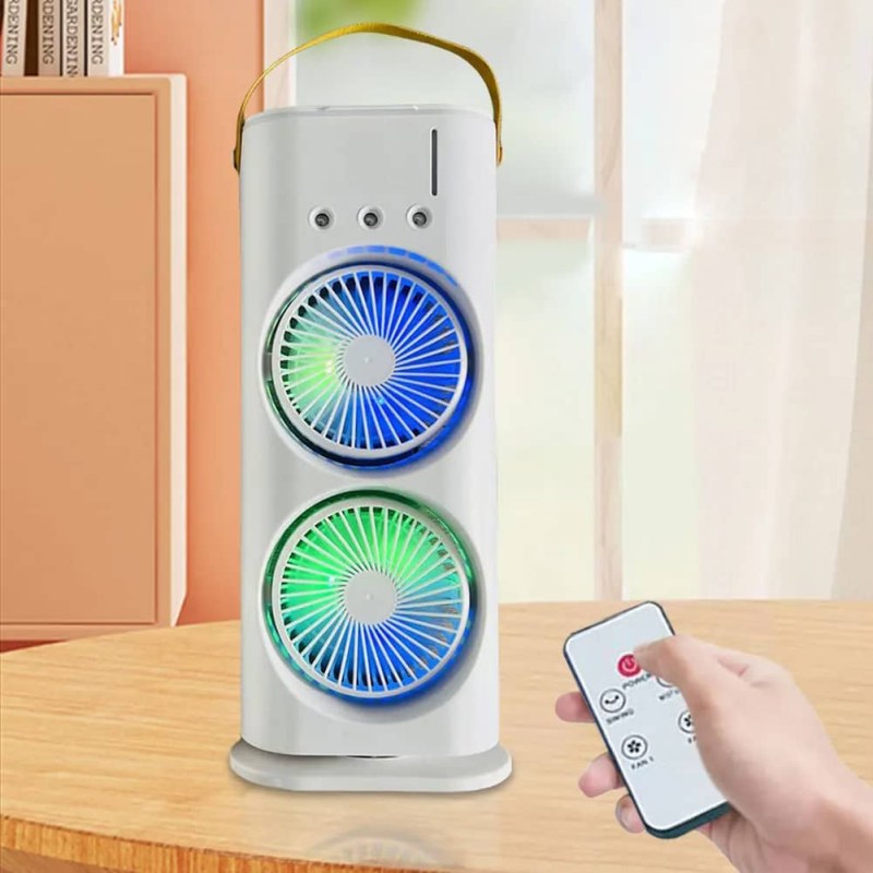 Double-Head Air Cooler Mist Fan with 3 Speeds, Night Light & Remote