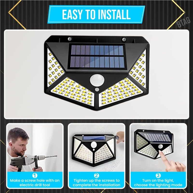 100 LED Solar Wall Light with PIR Motion Sensor | 4-Sided Outdoor Security Light_000984