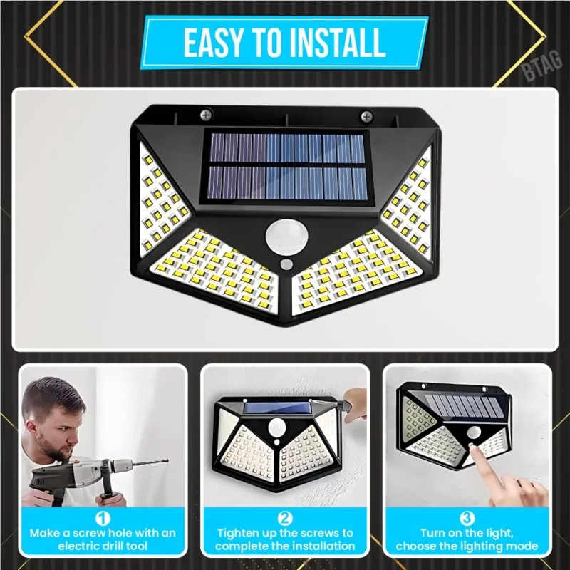 100 LED Solar Wall Light with PIR Motion Sensor | 4-Sided Outdoor Security Light_000984