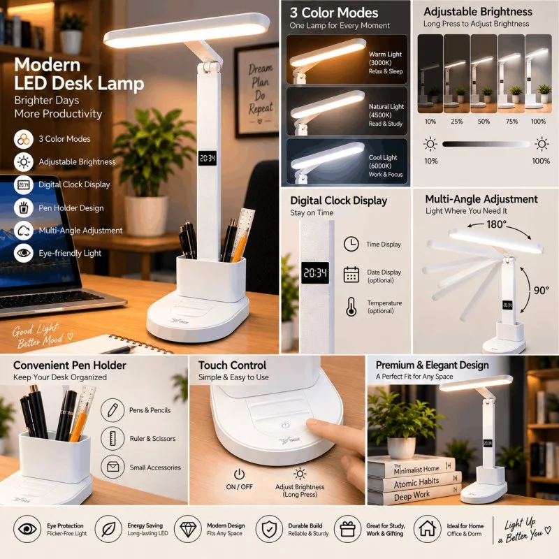 LED Desk Lamp with Digital Clock, Dimmable Eye-Caring Light, Pen Holder & USB Rechargeable Study Lamp -001000