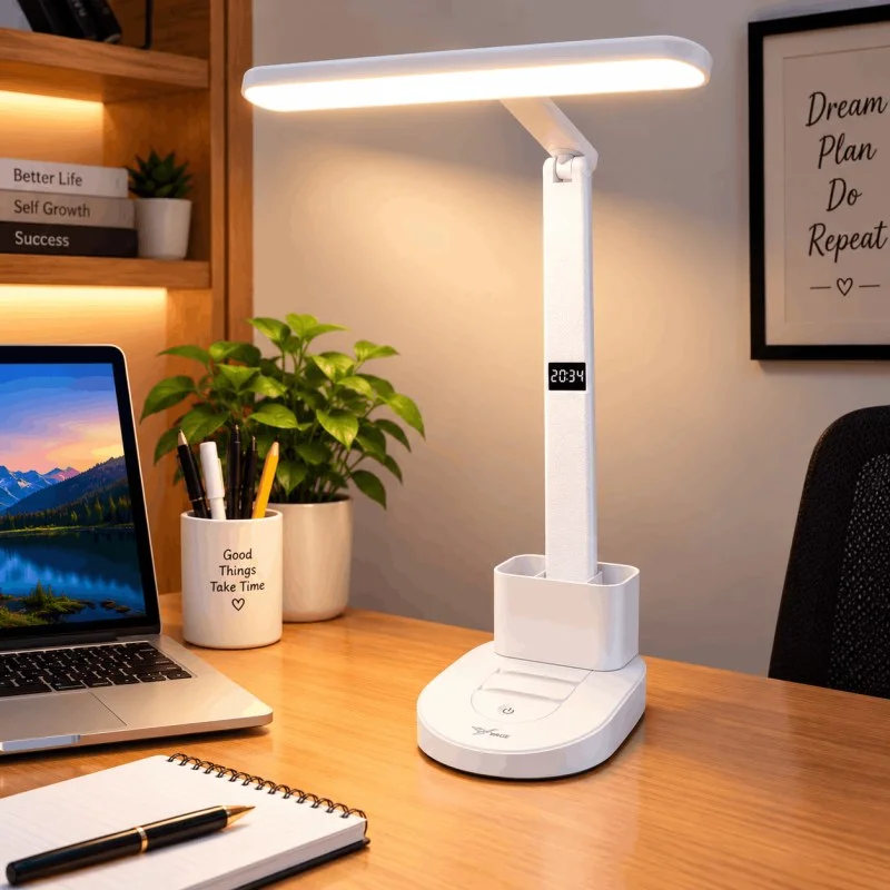 LED Desk Lamp with Digital Clock, Dimmable Eye-Caring Light, Pen Holder & USB Rechargeable Study Lamp -001000