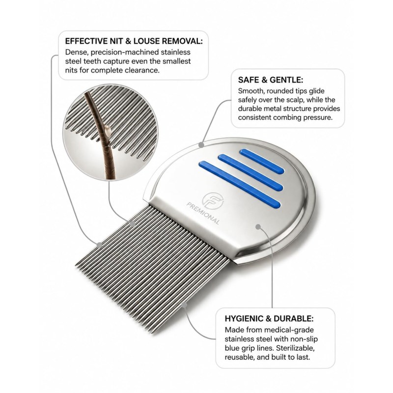 Stainless Steel Lice Comb | Fine Tooth Head Lice & Nit Removal Comb