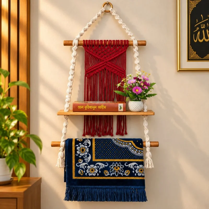 Handmade Macrame Wall Hanging Quran & Prayer Mat Organizer