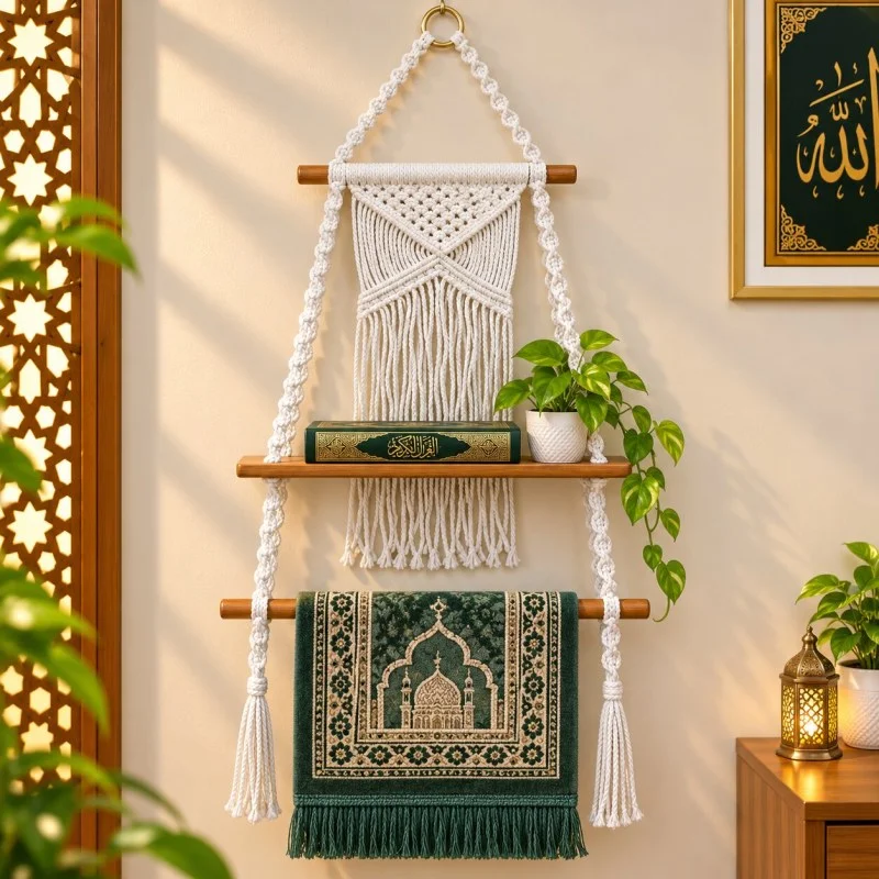 Handmade Macrame Wall Hanging Quran & Prayer Mat Organizer
