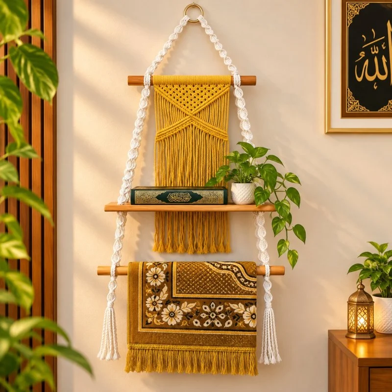 Handmade Macrame Wall Hanging Quran & Prayer Mat Organizer